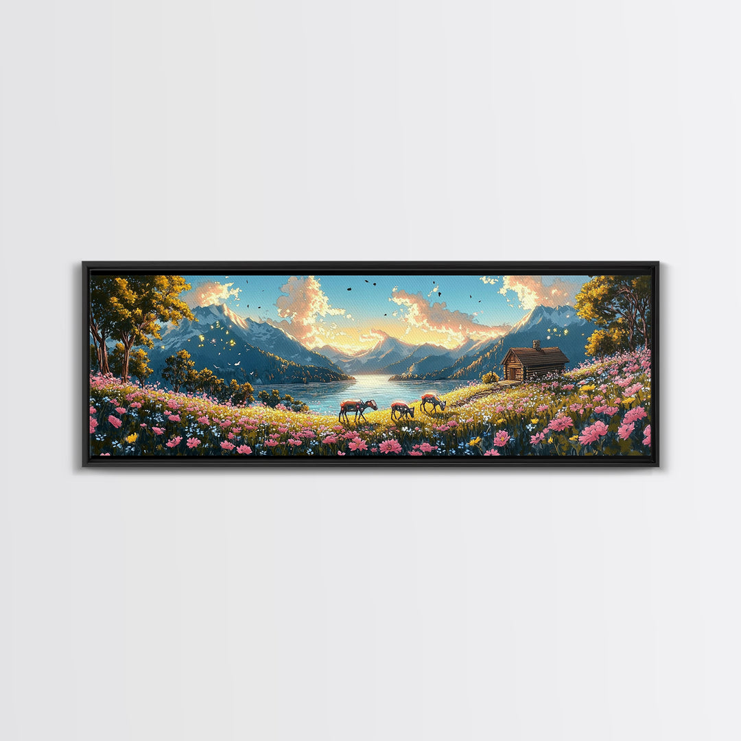 Alpine Lake With Horses And Flower Meadow Wall Art, Mountain Landscape Canvas Print, Rustic Cabin Decor, Living Room Art