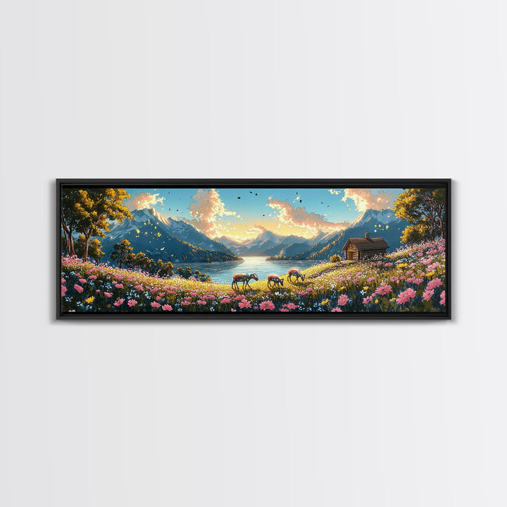 Alpine Lake With Horses And Flower Meadow Wall Art, Mountain Landscape Canvas Print, Rustic Cabin Decor, Living Room Art