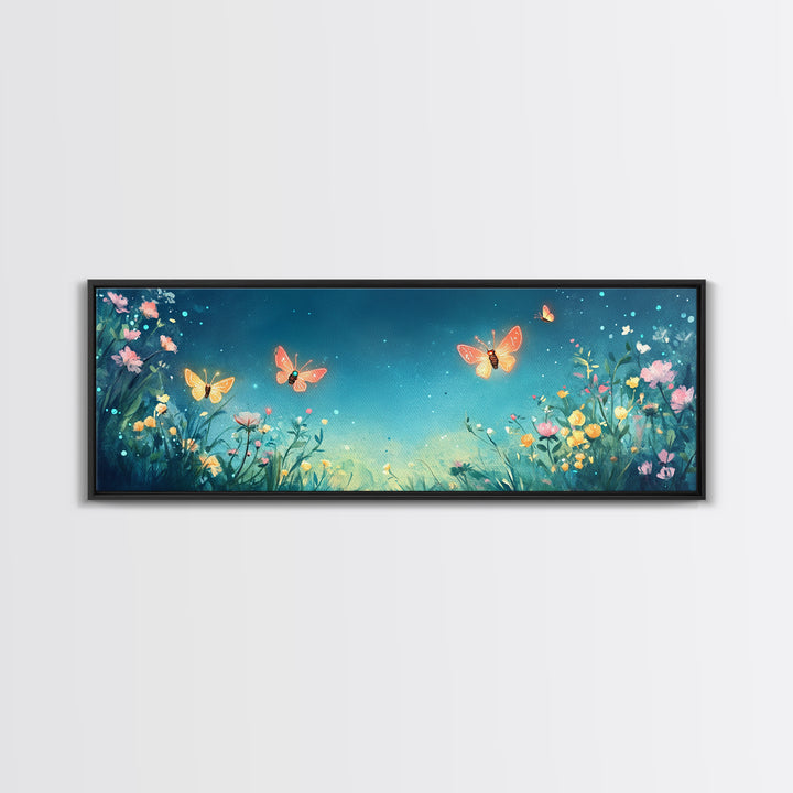 Butterflies Over Teal Wildflower Garden Wall Art, Whimsical Floral Canvas Print, Nursery Decor, Bedroom Wall Decor Gift