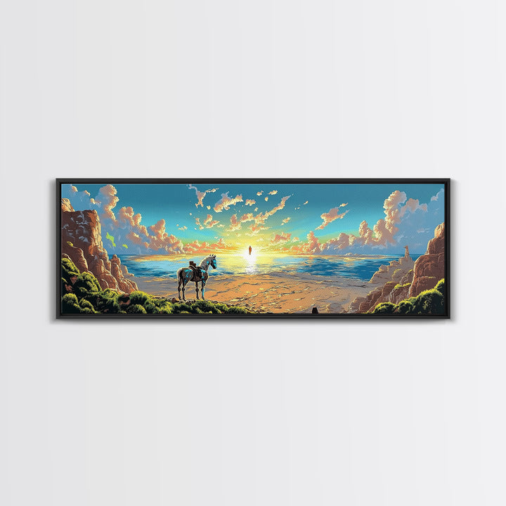 Lone Horse On Sunset Beach Wall Art, Coastal Landscape Canvas Print, Western Seascape Decor, Above Bed Wall Decor Gift Idea