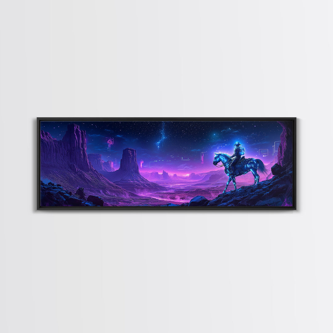 Neon Cyberpunk Cowboy In Desert Framed Canvas Print, Sci Fi Wall Art, Futuristic Western Decor, Gaming Room Gift For Him