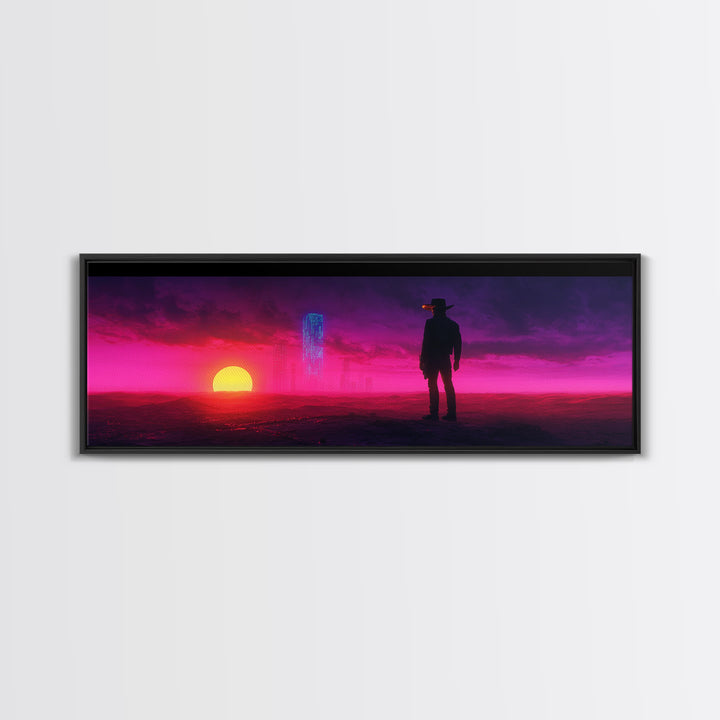 Neon Cowboy At Magenta Sunset Canvas Print, Cyberpunk Western Landscape, Futuristic Wall Decor, Gaming Room Art Gift For Him