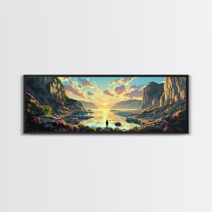 Lone Traveler At Golden Coastal Cliffs Framed Canvas Print, Serene Ocean Landscape, Panoramic Wall Decor For Living Room