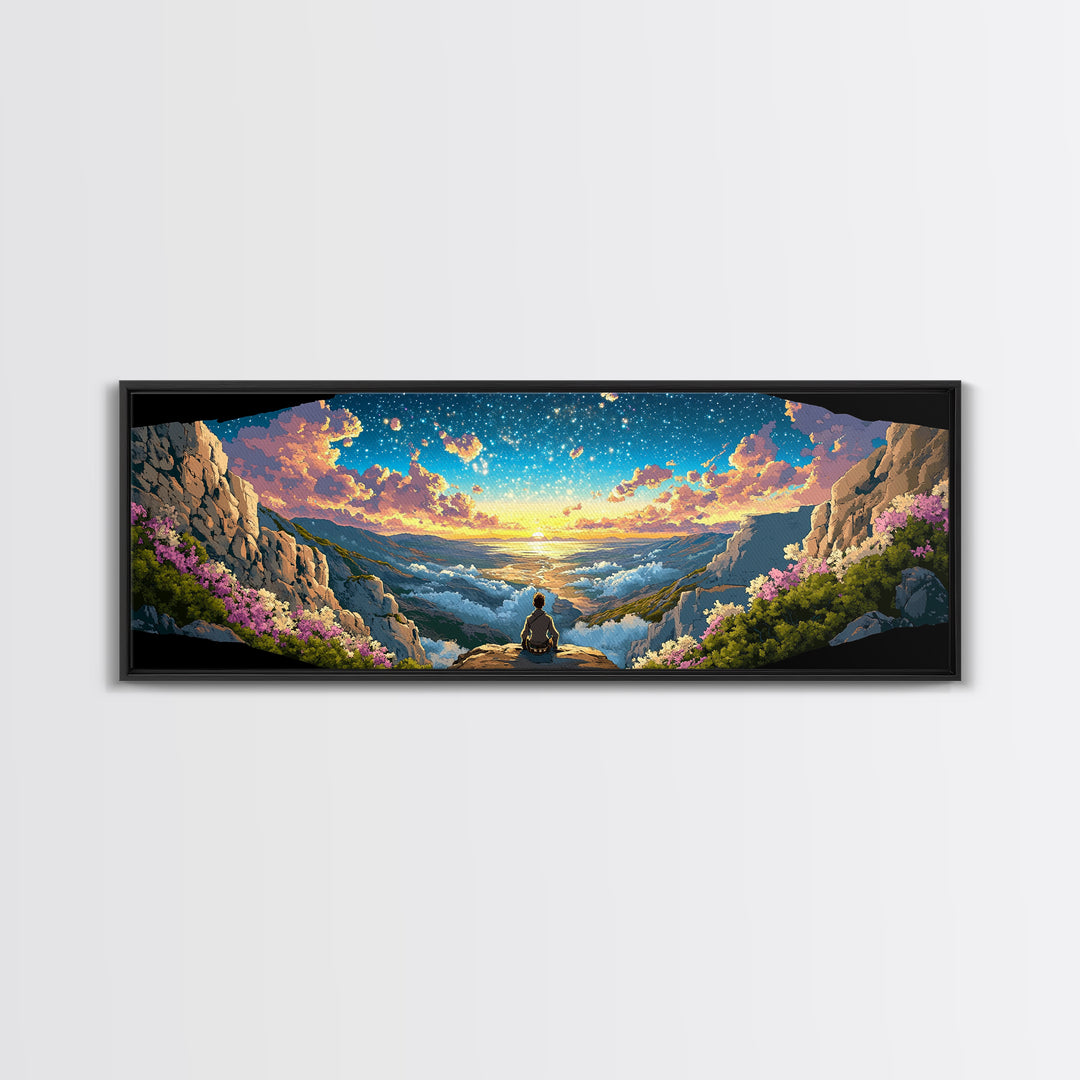 Meditating Figure Over Sunrise Mountain Valley Wall Art, Panoramic Fantasy Landscape Canvas Print For Living Room Decor Gift