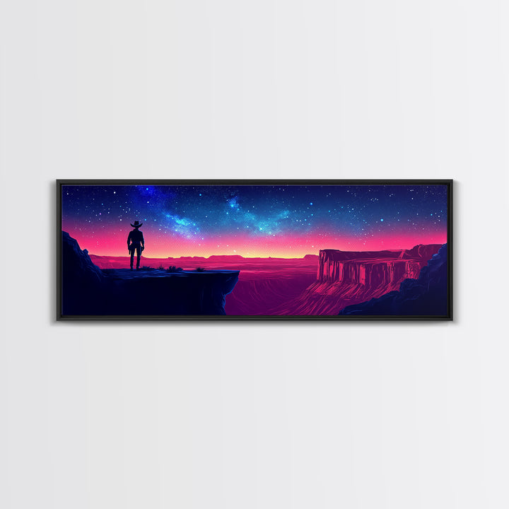 Antlered Traveler On Neon Desert Canyon Wall Art, Starry Night Western Fantasy Canvas Print For Game Room Decor, Housewarming Gift