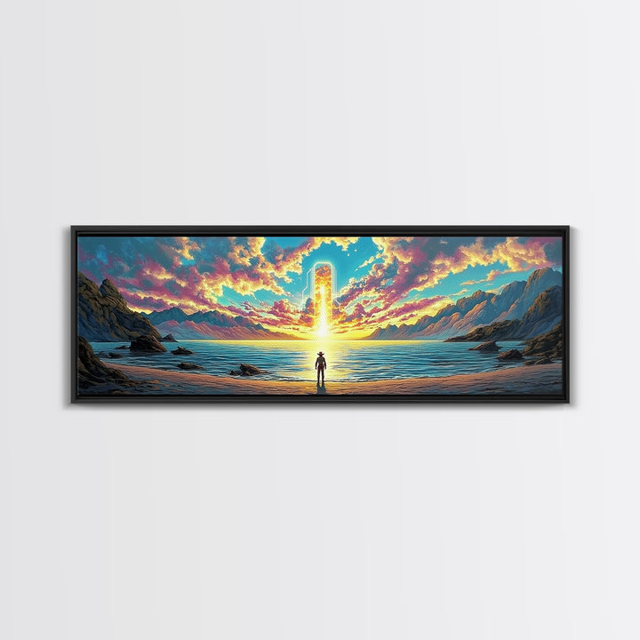 Glowing Portal Over Sunrise Ocean Shore Wall Art, Surreal Mountain Landscape Framed Canvas Print For Modern Living Room Decor