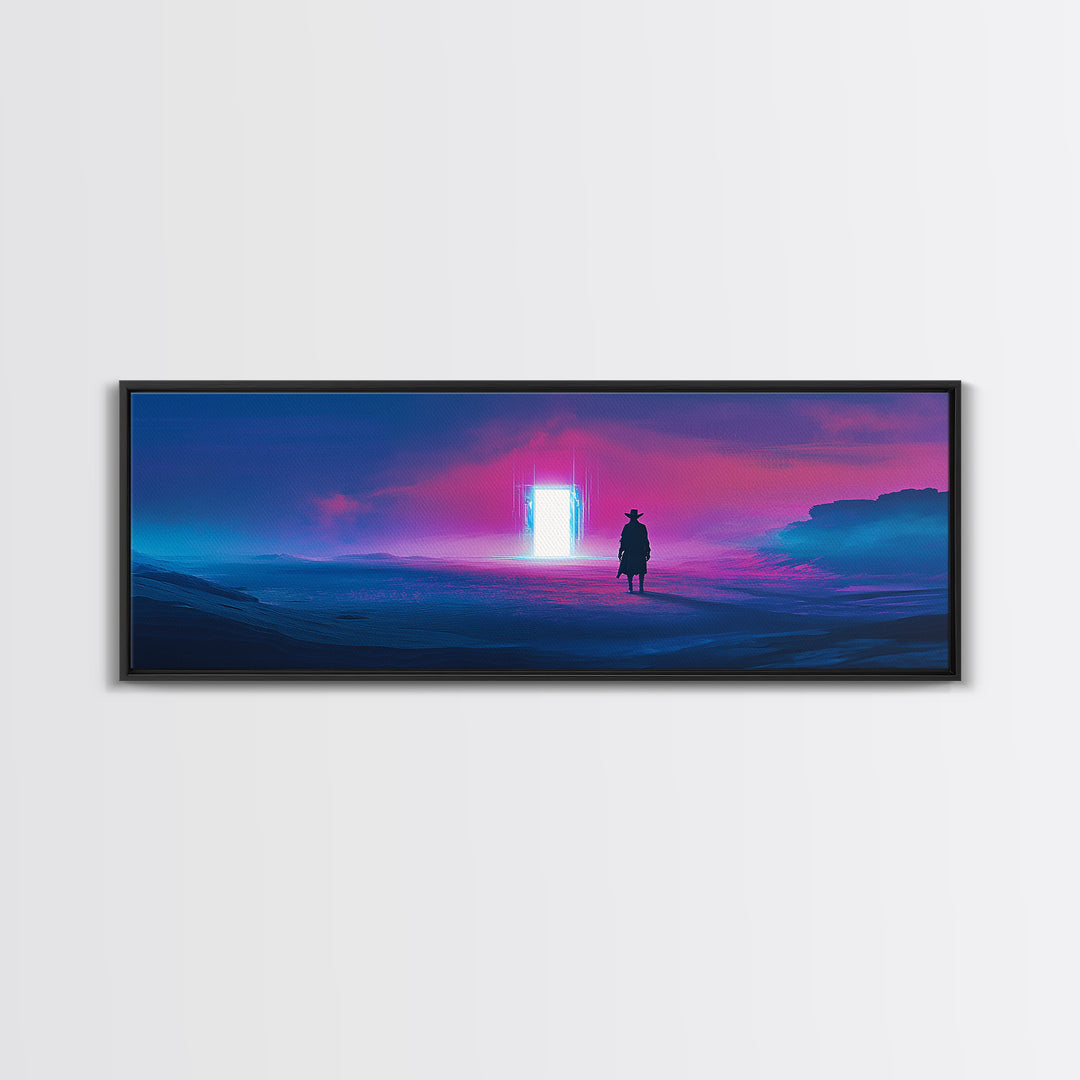 Cowboy Silhouette Facing Neon Ocean Portal Wall Art, Cyberpunk Western Landscape Canvas Print For Man Cave Wall Decor Gift