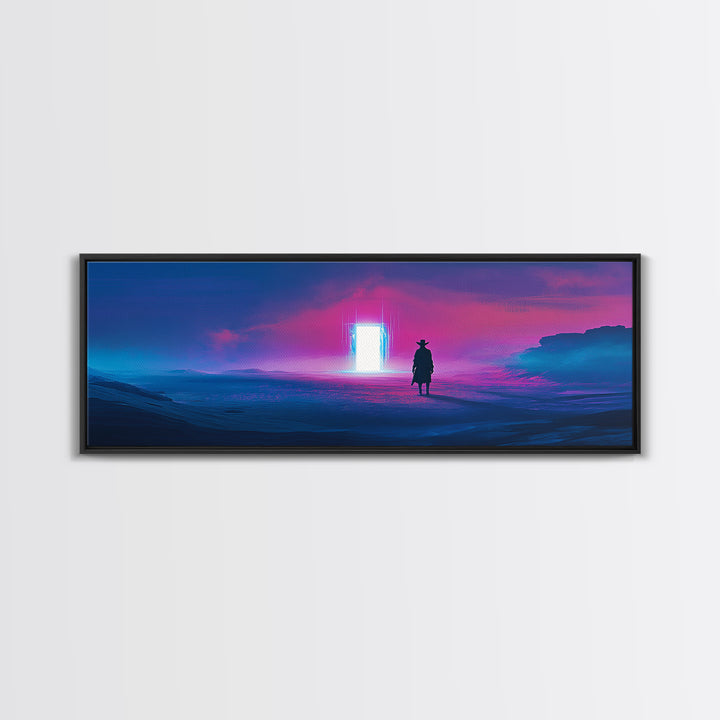 Cowboy Silhouette Facing Neon Ocean Portal Wall Art, Cyberpunk Western Landscape Canvas Print For Man Cave Wall Decor Gift