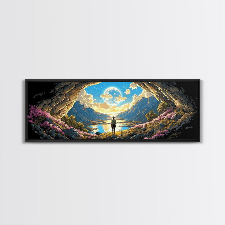 Adventurer In Moonlit Cave Opening Wall Art, Panoramic Alpine Lake Landscape Canvas Print For Fantasy Bedroom Decor Gift