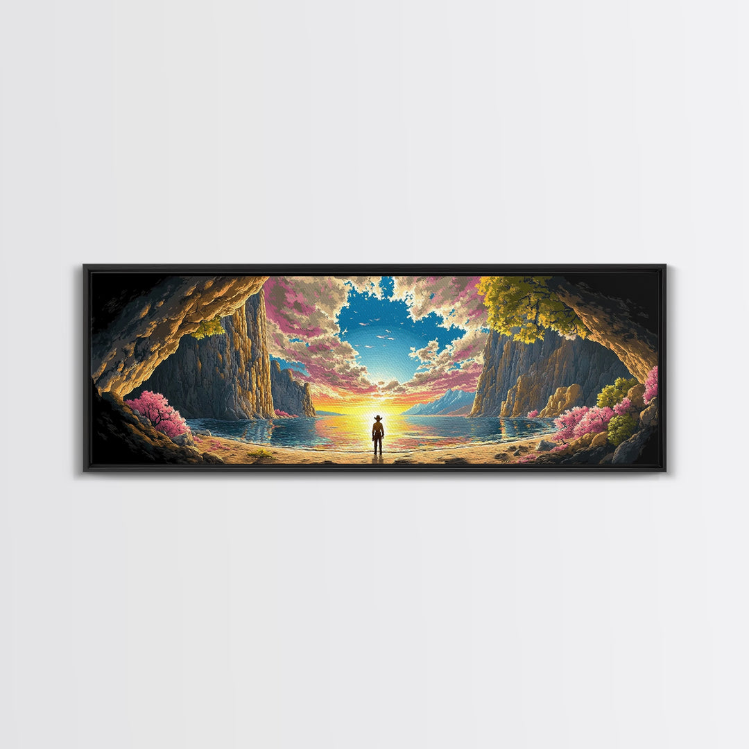 Lone Figure In Sunlit Coastal Cave Wall Art, Dramatic Panoramic Seascape Landscape Canvas Print For Beach House Living Room Decor Gift