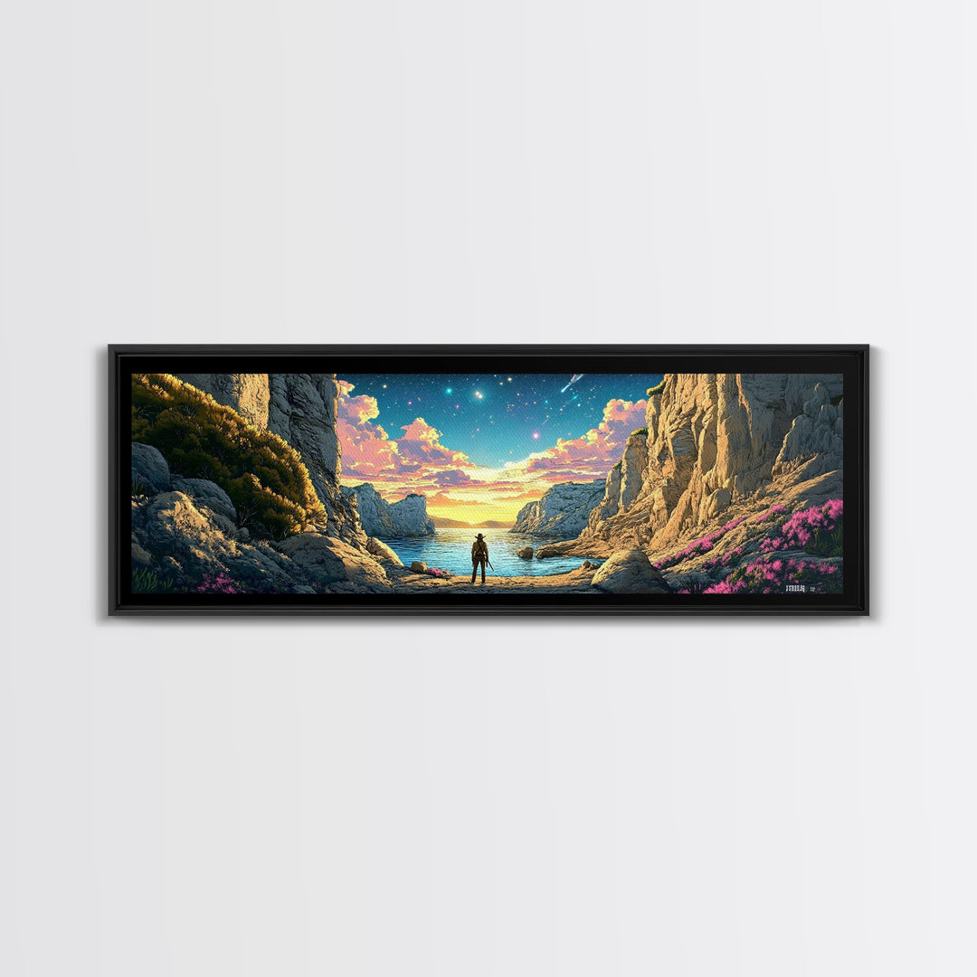 Explorer At Rocky Starlit Sea Cove Large Wall Art, Panoramic Coastal Landscape Canvas Print For Living Room Wall Decor Gift