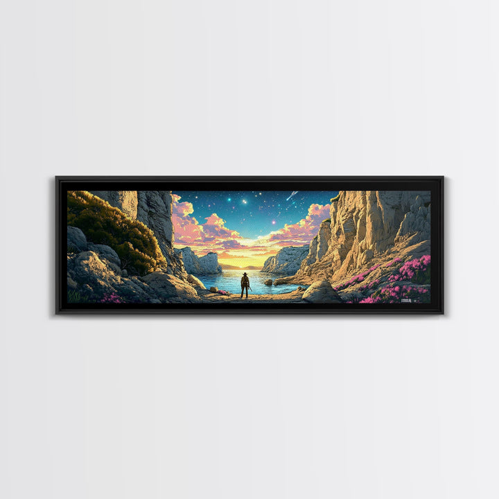 Explorer At Rocky Starlit Sea Cove Large Wall Art, Panoramic Coastal Landscape Canvas Print For Living Room Wall Decor Gift