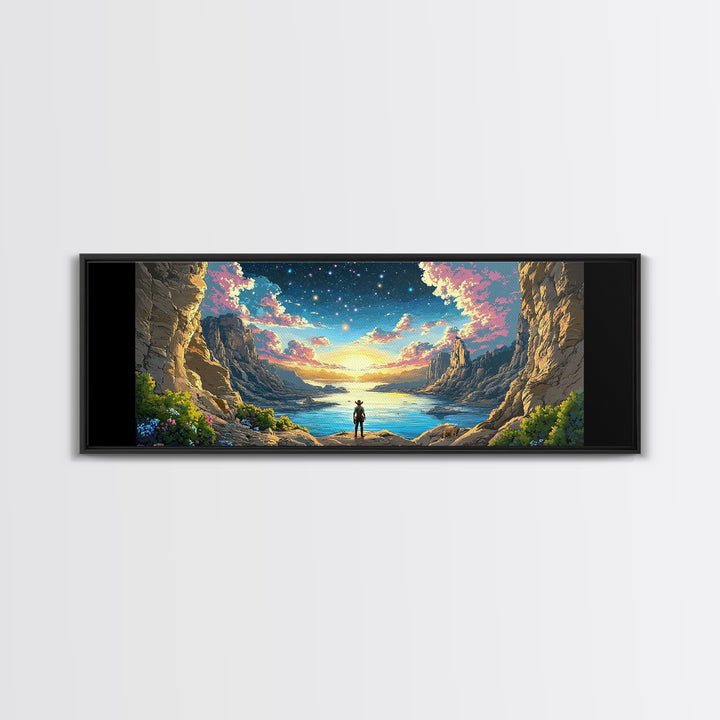 Starry Canyon Lake Cowboy Wall Art, Western Landscape Canvas Print, Sci Fi Desert Decor, Panoramic Living Room Art, Home Decor