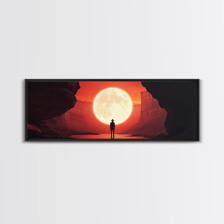 Full Moon Cowboy Cave Wall Art, Red Desert Framed Canvas Print, Western Sci Fi Decor, Panoramic Bedroom Wall Decor, Home Decor