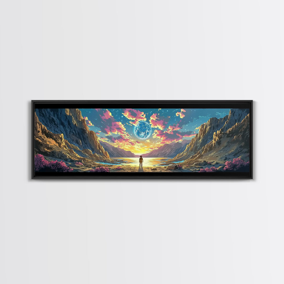 Alien Moon Mountain Valley Wall Art, Fantasy Landscape Canvas Print, Celestial Sci Fi Decor, Panoramic Living Room Art, Home Decor