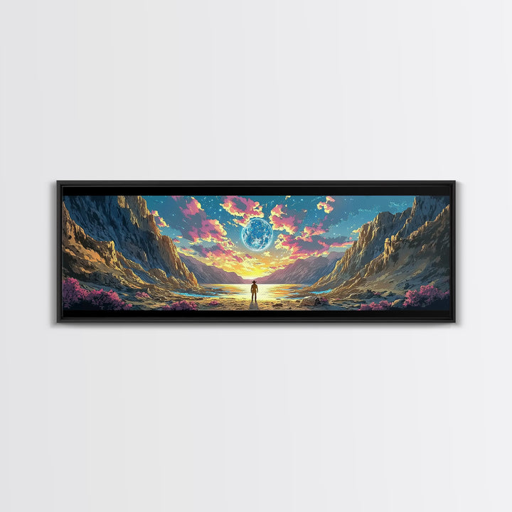 Alien Moon Mountain Valley Wall Art, Fantasy Landscape Canvas Print, Celestial Sci Fi Decor, Panoramic Living Room Art, Home Decor