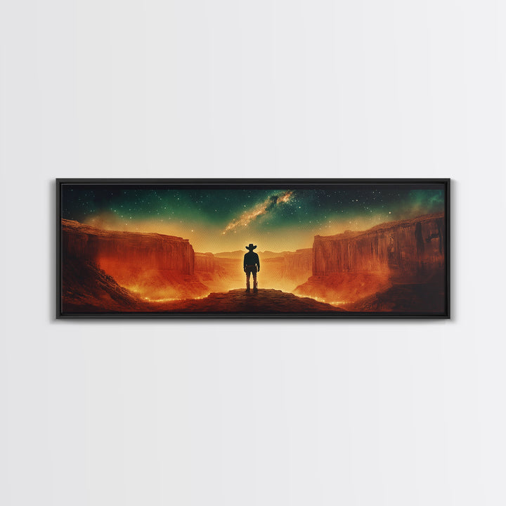 Milky Way Canyon Cowboy Wall Art, Western Desert Canvas Print, Sci Fi Night Sky Decor, Panoramic Office Decor Living Room Art
