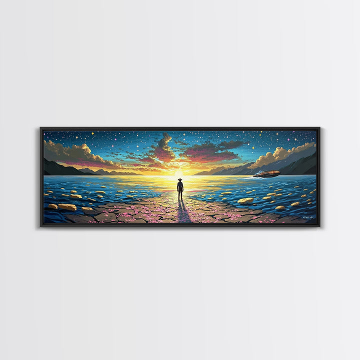 Starry Ocean Horizon Cowboy Wall Art, Coastal Sci Fi Canvas Print, Blue Seascape Decor, Panoramic Fantasy Landscape Art, Home Decor