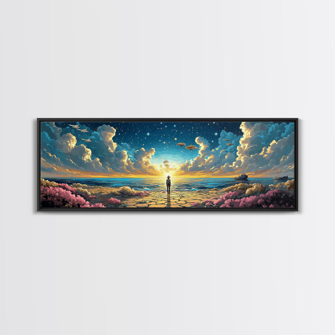 Ufo Seaside Sunrise Cowboy Wall Art, Coastal Sci Fi Canvas Print, Starry Ocean Decor, Panoramic Fantasy Living Room Art, Home Decor