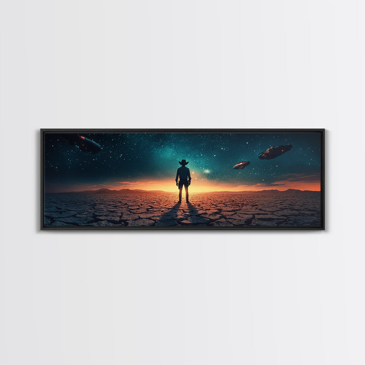 Ufo Desert Wanderer Cowboy Wall Art, Sci Fi Western Canvas Print, Alien Landscape Decor, Panoramic Man Cave Office Art, Home Decor
