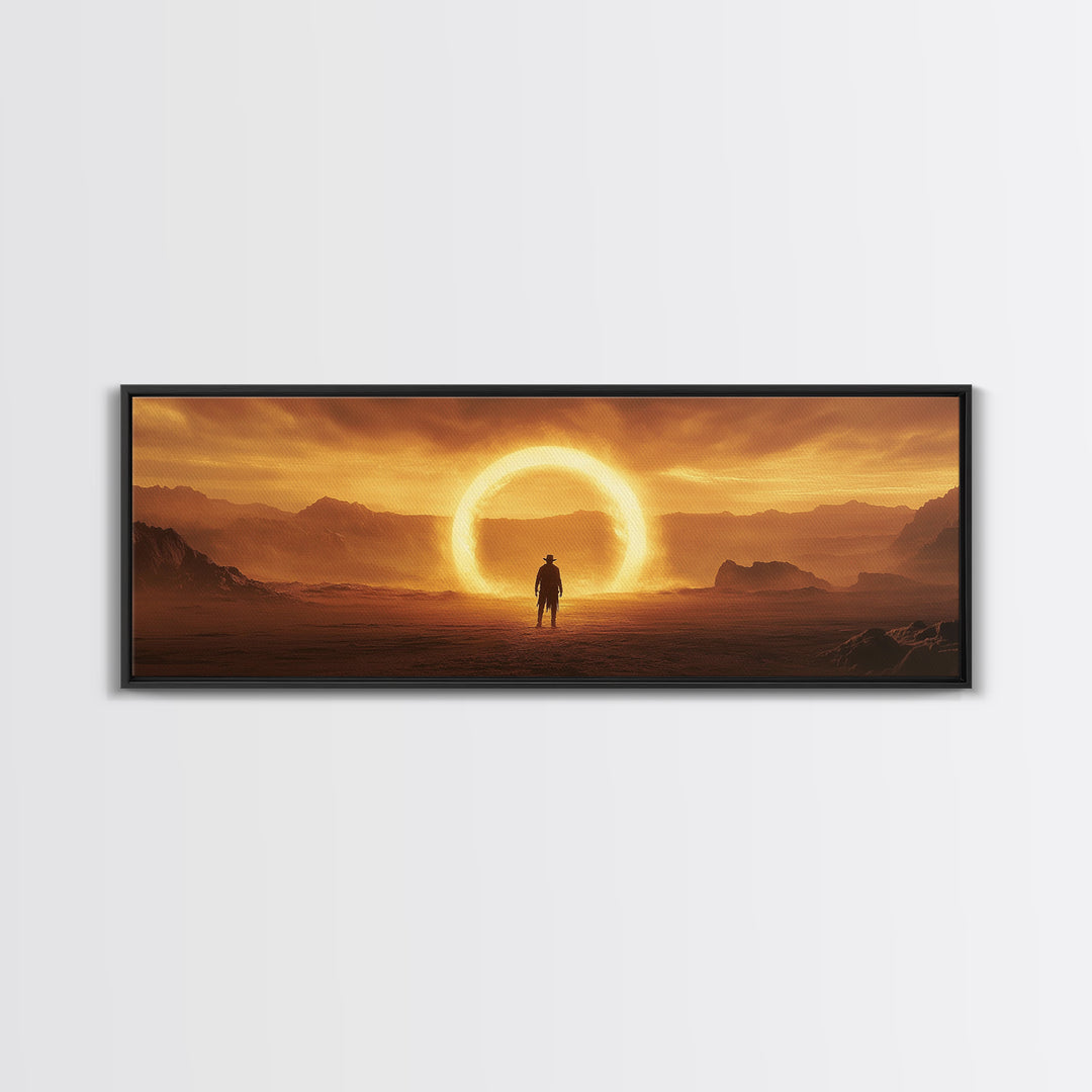 Golden Eclipse Cowboy Desert Wall Art, Western Sci Fi Canvas Print, Surreal Landscape Decor, Panoramic Living Room Art, Home Decor