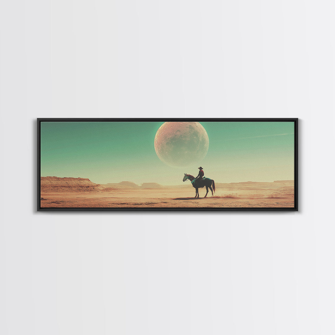 Lone Cowboy Under Giant Moon Wall Art, Western Desert Landscape Canvas, Panoramic Southwestern Decor, Living Room Decor, Gift For Him