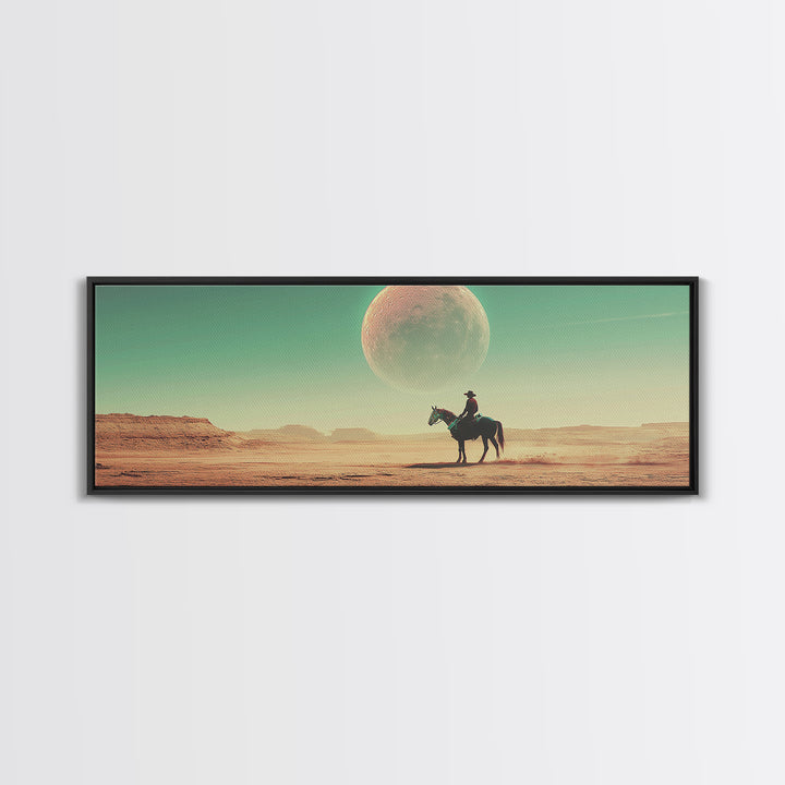Lone Cowboy Under Giant Moon Wall Art, Western Desert Landscape Canvas, Panoramic Southwestern Decor, Living Room Decor, Gift For Him