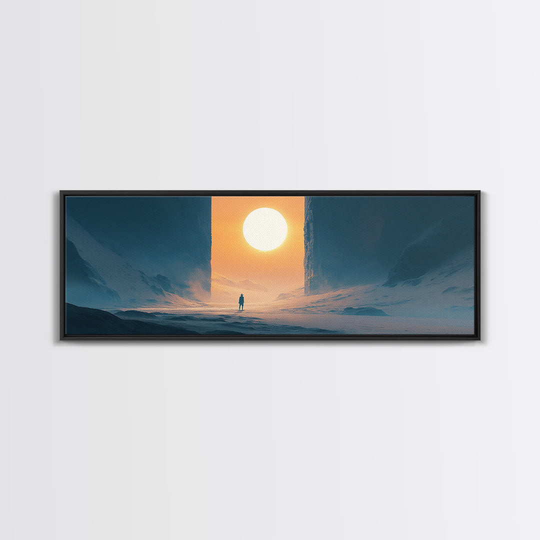 Solitary Figure Before Giant Sun Canvas Print, Futuristic Icy Landscape Wall Decor, Sci Fi Minimalist Art, Modern Office Decor