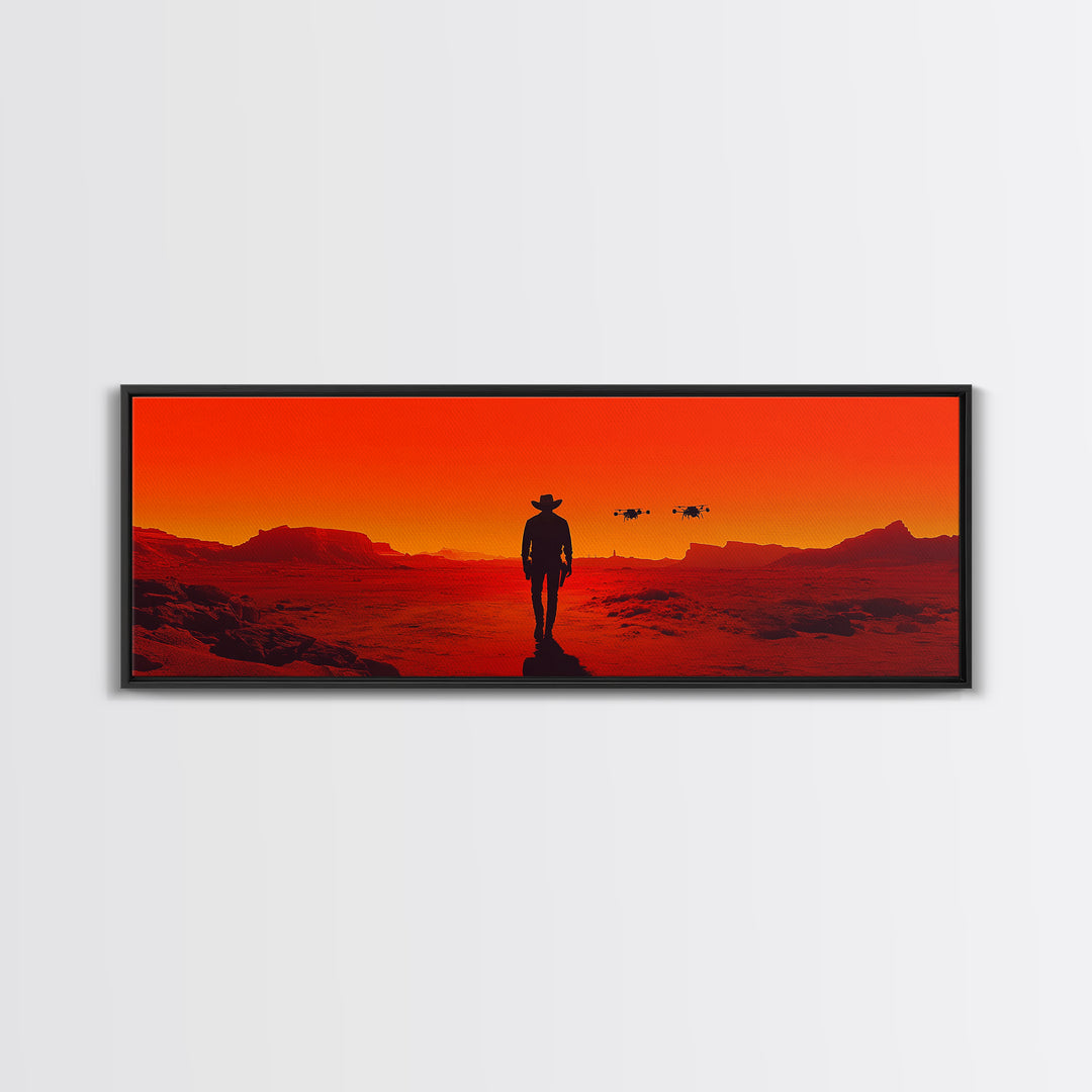 Cowboy Silhouette In Red Desert Sunset Wall Art, Western Sci Fi Landscape Canvas, Bold Southwestern Decor For Man Cave Wall Decor
