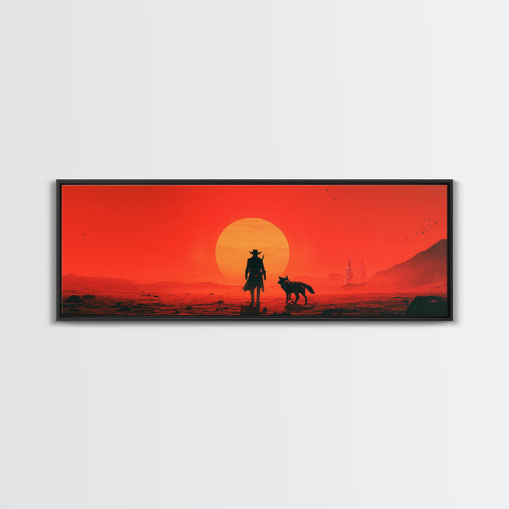 Red Sci Fi Cowboy And Dog Sunset Wall Art, Western Desert Landscape, Futuristic Dystopian Decor, Large Man Cave Gift Print