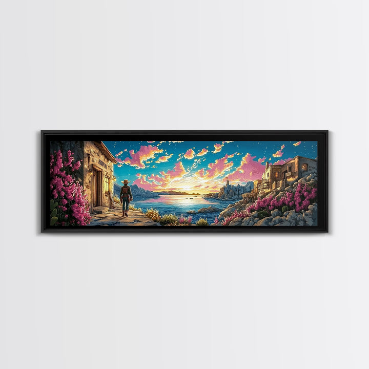 Cowboy Walking Through Coastal Village Wall Art, Mediterranean Seascape Print, Colorful Travel Poster, Living Room Decor