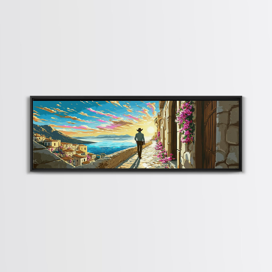 Sunlit Mediterranean Terrace Canvas Print, Coastal Village Wall Art, Italy Travel Poster, Beach House Living Room Decor Gift