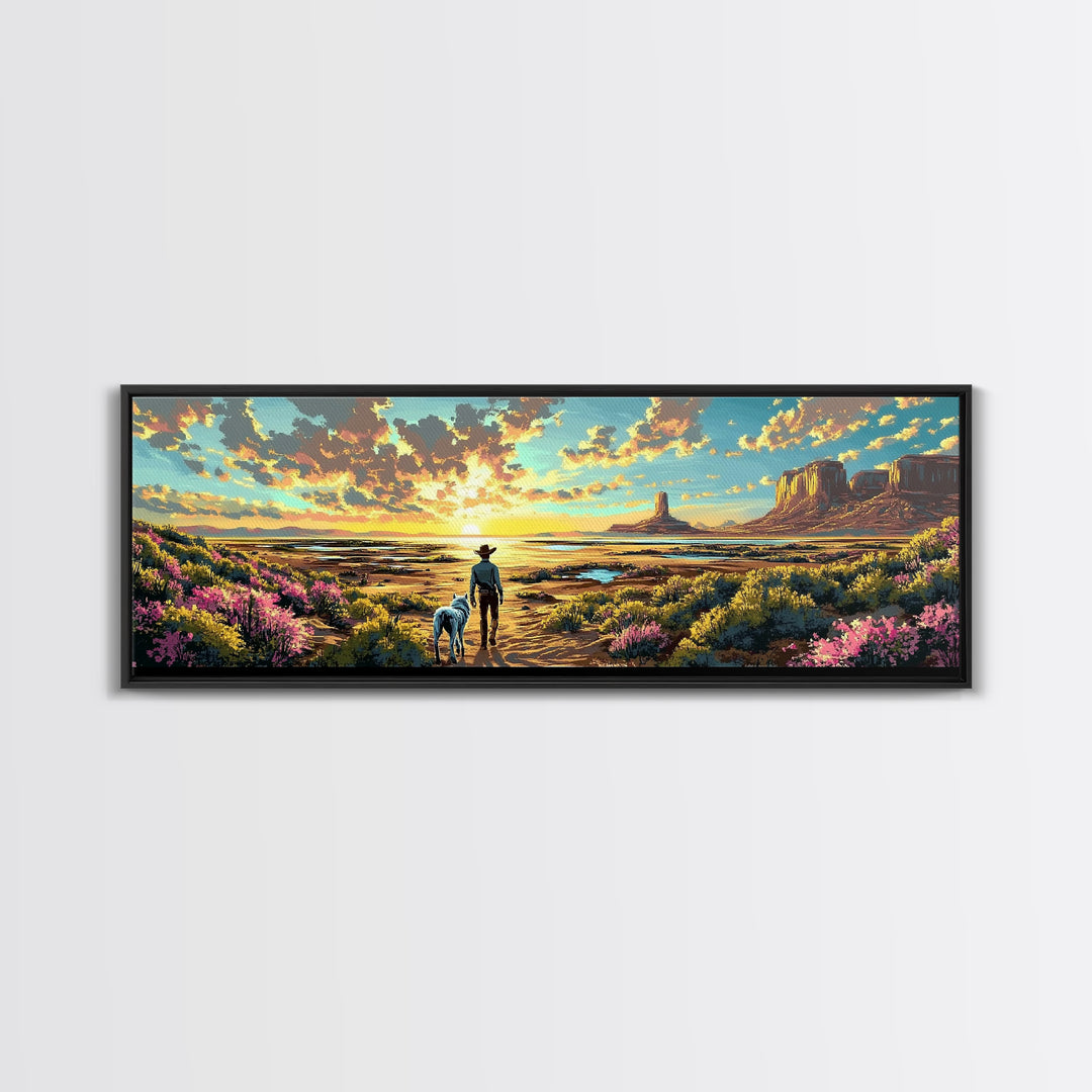 Cowboy And Dog Desert Sunset Framed Canvas Print, Western Landscape Art, Wildflower Wall Decor, Large Home Decor Gift Print