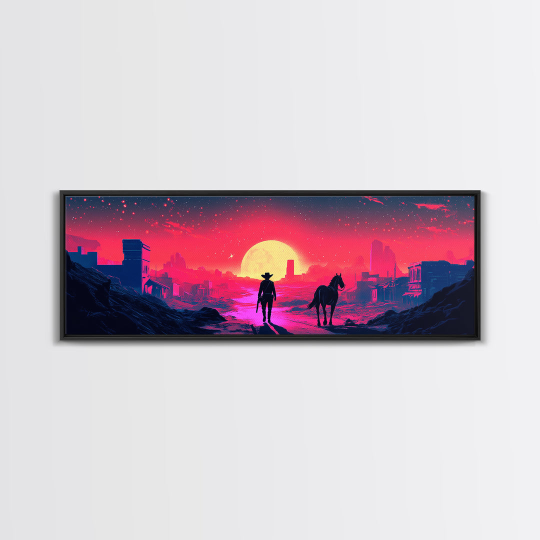 Neon Cowboy And Horse Dystopian City Wall Art, Cyberpunk Sunset Landscape, Sci Fi Poster, Large Gaming Room Decor Gift Print