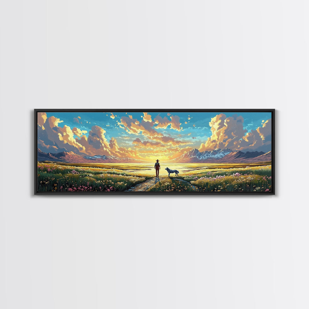 Lone Cowboy And Dog Wildflower Prairie Canvas Print, Mountain Landscape Wall Art, Western Home Decor, Housewarming Gift Print