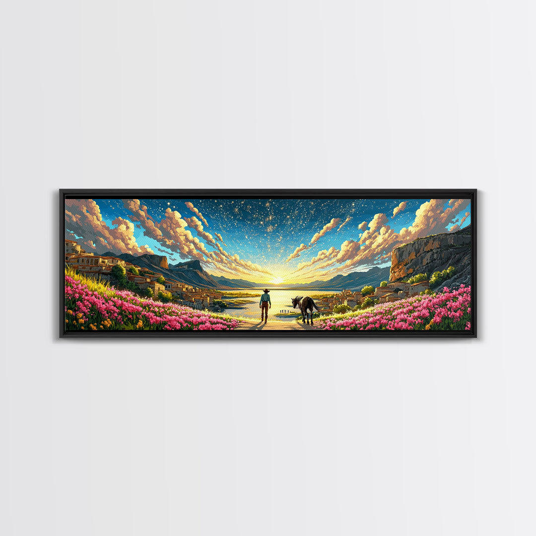 Starry Coastal Valley Rider Wall Art, Horse And Wildflower Landscape, Mediterranean Travel Poster, Large Living Room Decor