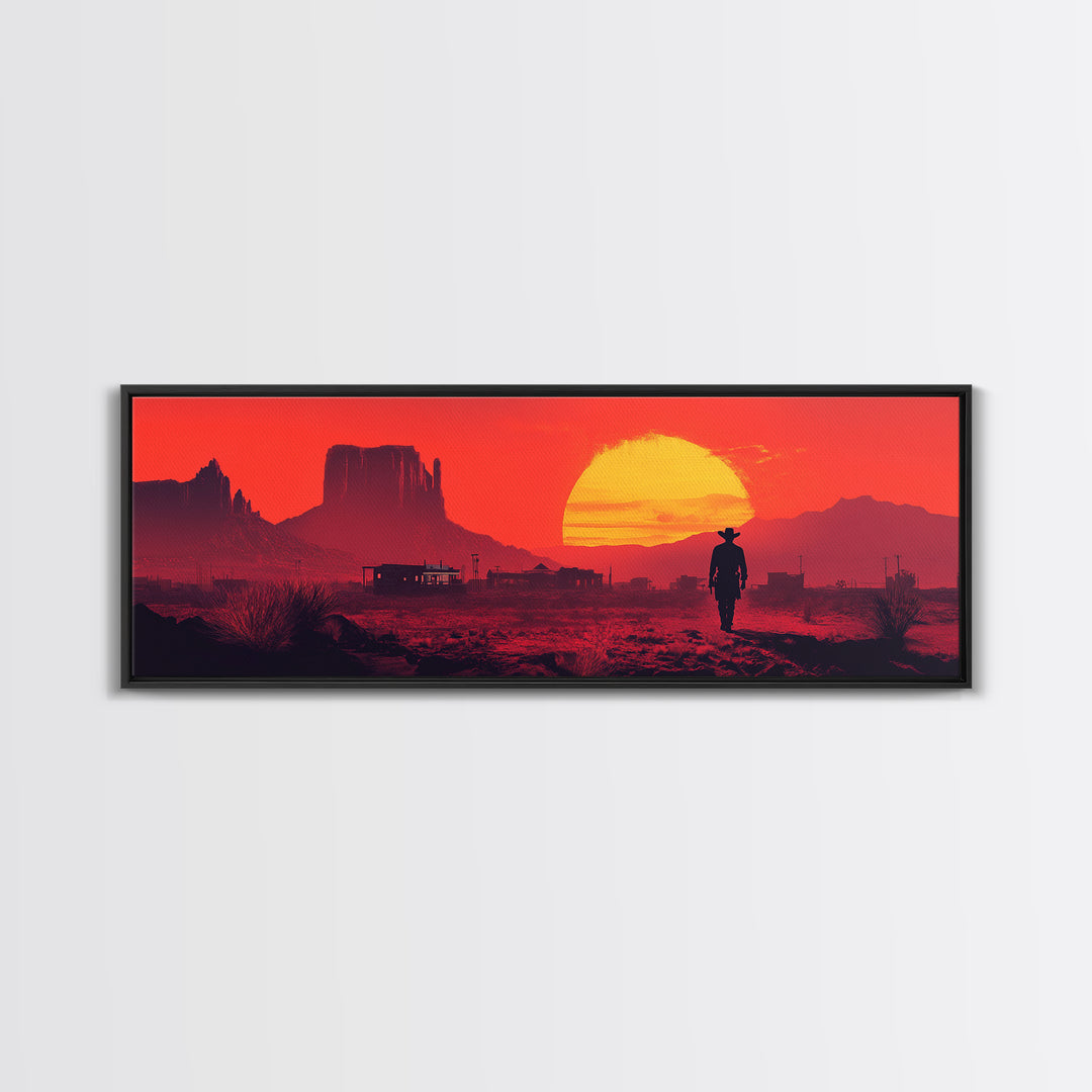 Red Western Cowboy Sunset Canvas Print, Desert Mesa Landscape Wall Art, Rustic Southwest Decor, Large Man Cave Gift Print