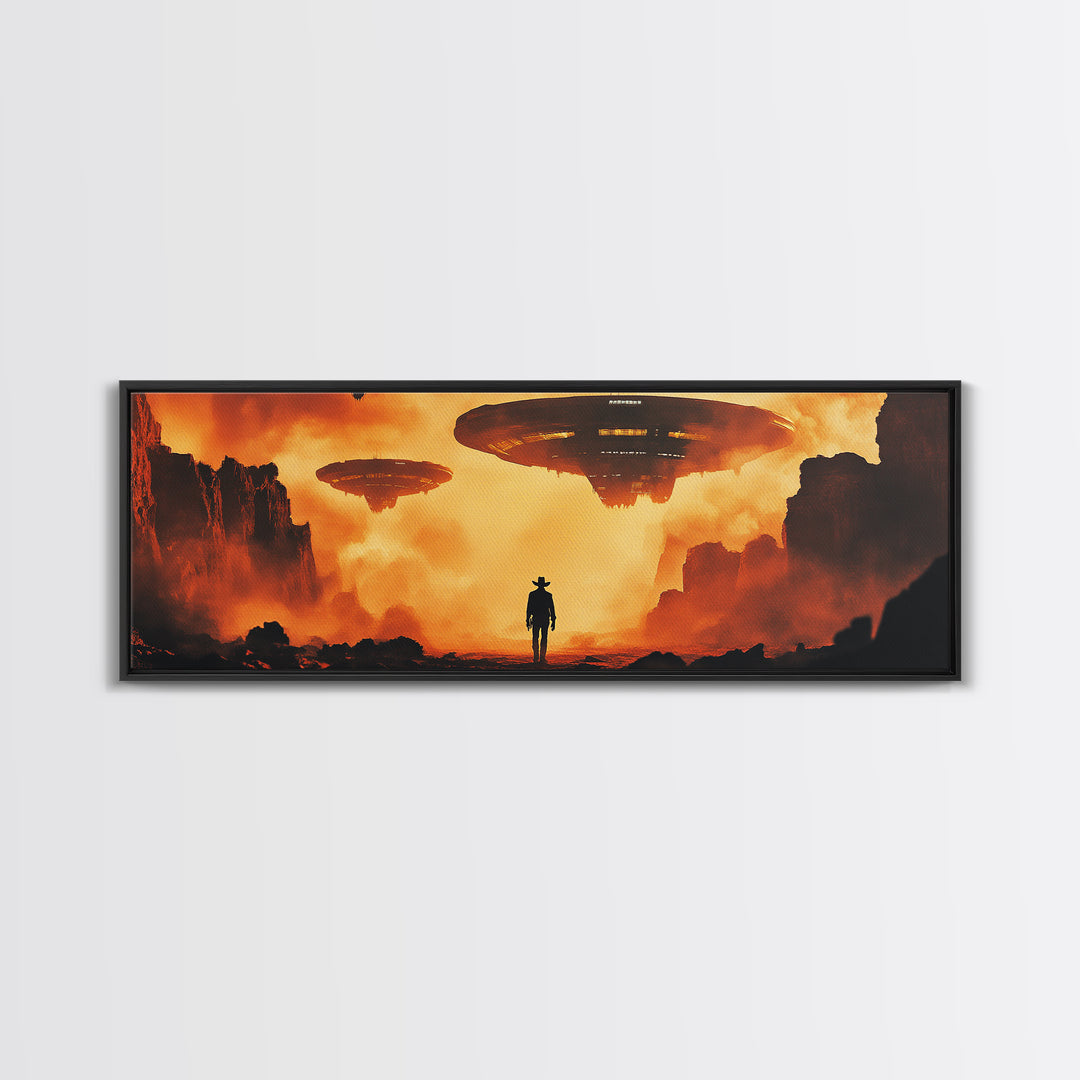 Cowboy Facing Giant UFOs Framed Canvas Print, Sci Fi Desert Canyon Wall Art, Dystopian Western Poster, Man Cave Decor Gift Print