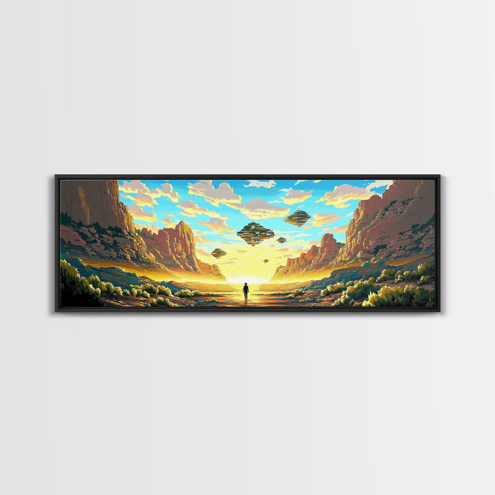 Alien Canyon Explorer With UFOs Canvas Print, Panoramic Sci Fi Desert Landscape Wall Art For Gaming Room Decor And Office Decor