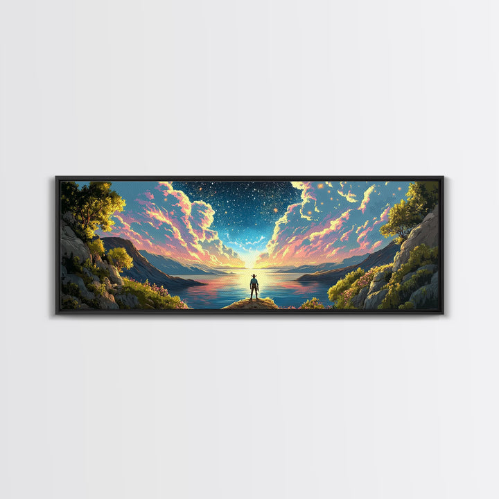 Starlit Lake Explorer Under Pink Clouds Canvas Print, Panoramic Celestial Landscape Wall Art For Dreamy Bedroom Decor And Office Decor