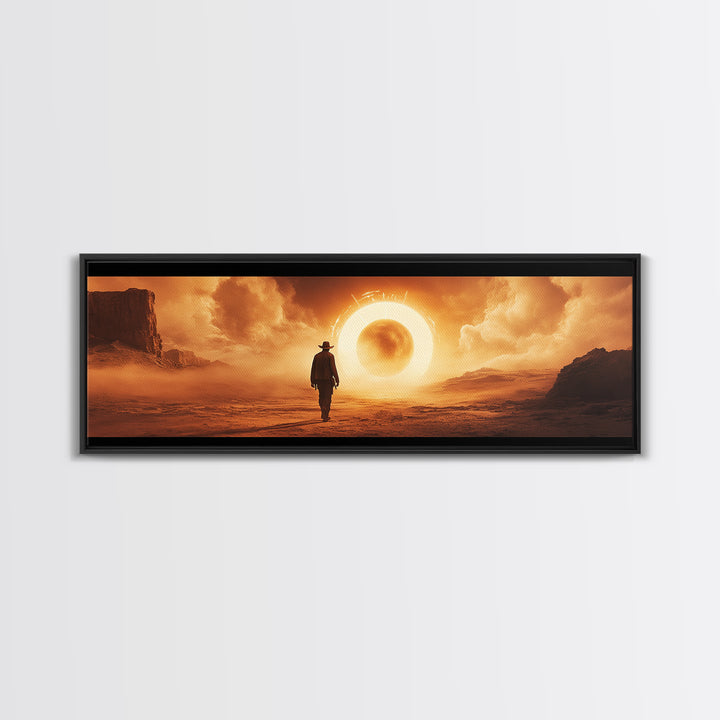 Surreal Desert Eclipse Cowboy Framed Canvas Print, Cinematic Western Landscape Wall Art For Man Cave Decor And Office Decor