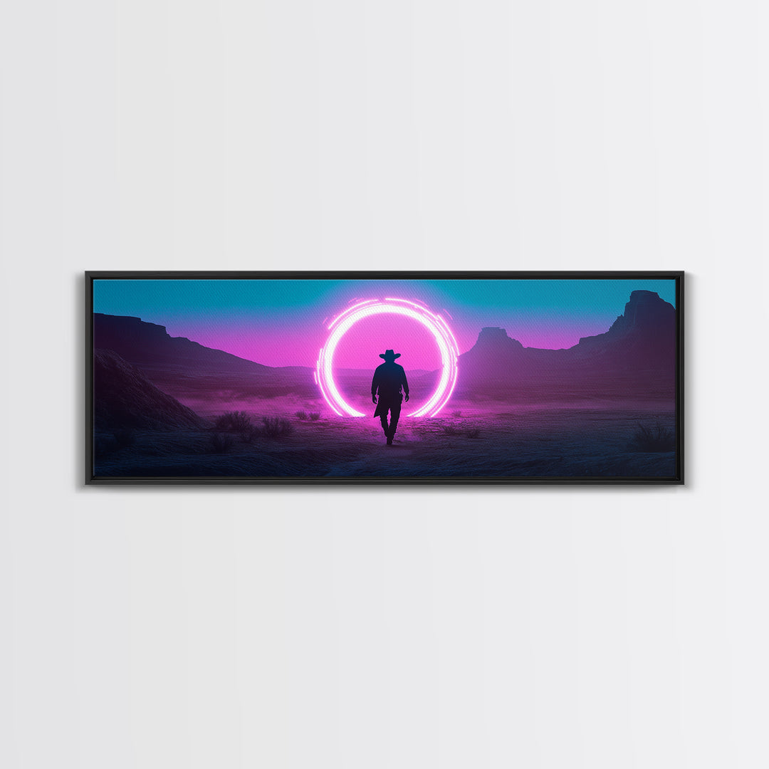 Neon Portal Cowboy In Purple Desert Framed Canvas Print, Synthwave Western Wall Art For Gaming Room Decor And Man Cave Decor
