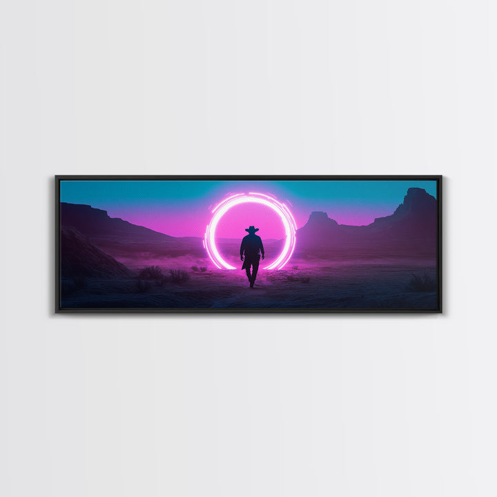 Neon Portal Cowboy In Purple Desert Framed Canvas Print, Synthwave Western Wall Art For Gaming Room Decor And Man Cave Decor