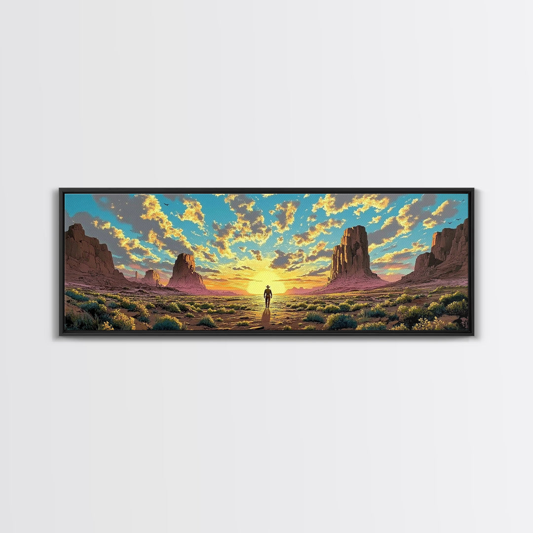 Monument Valley Cowboy At Sunrise Canvas Print, Panoramic Southwestern Desert Landscape Wall Art For Rustic Home Decor And Office Decor
