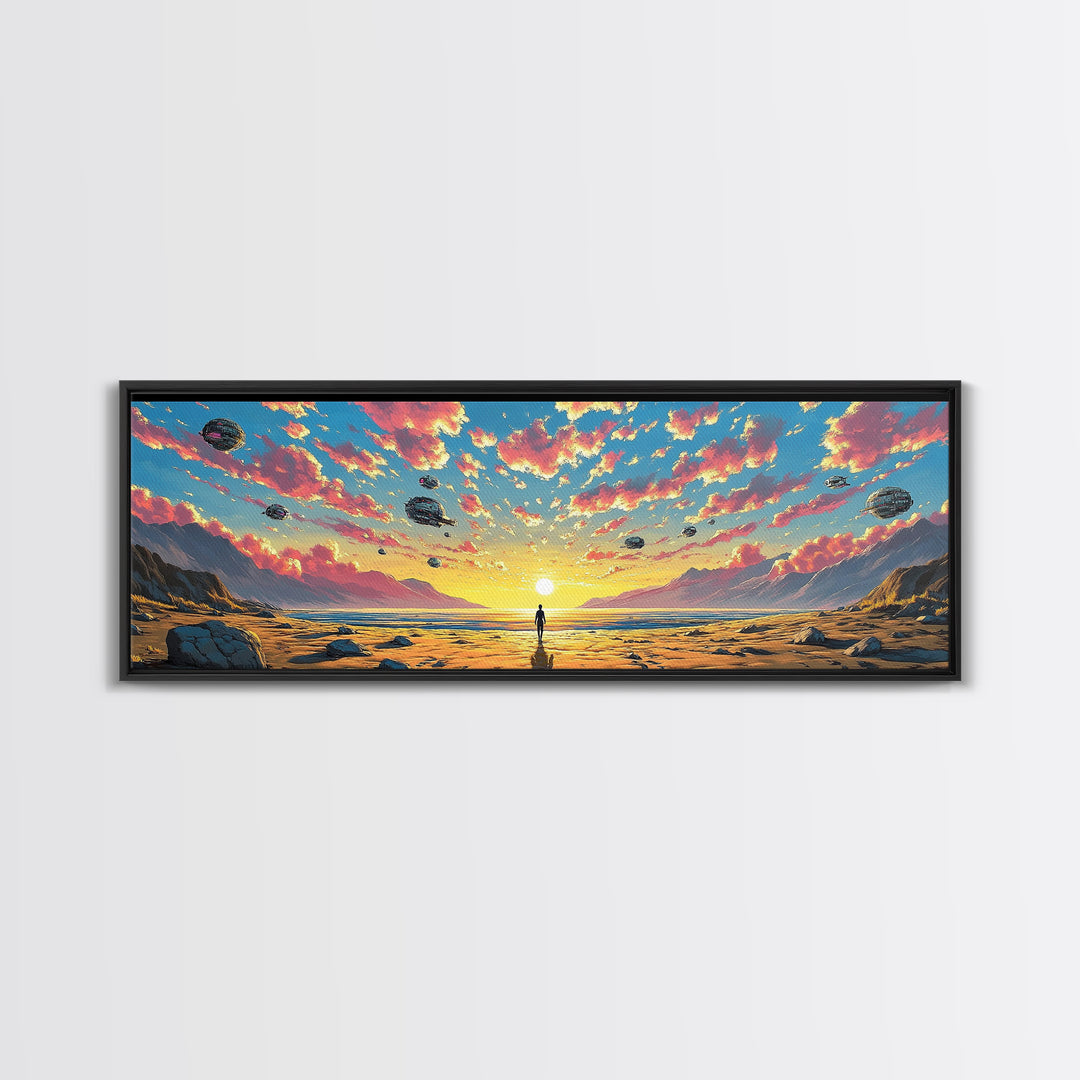 Pastel Alien Ships Over Sunset Shore, Lone Figure At Ocean Horizon, Sci Fi Wall Art, Coastal Canvas Print, Futuristic Decor