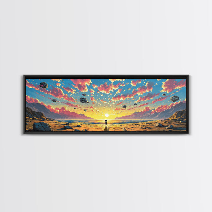 Pastel Alien Ships Over Sunset Shore, Lone Figure At Ocean Horizon, Sci Fi Wall Art, Coastal Canvas Print, Futuristic Decor