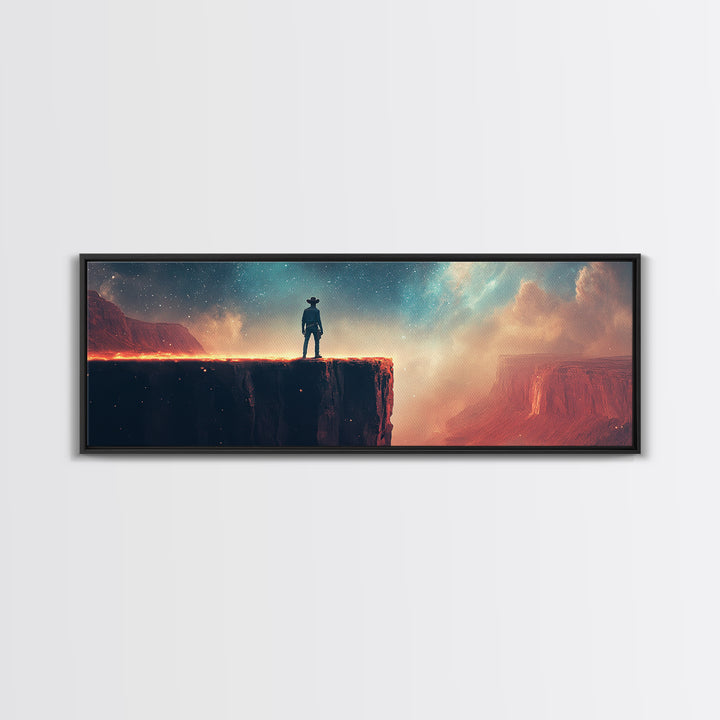 Cowboy On Glowing Canyon Cliff, Starry Teal Sky And Red Desert, Western Wall Art, Panoramic Canvas Print, Man Cave Decor