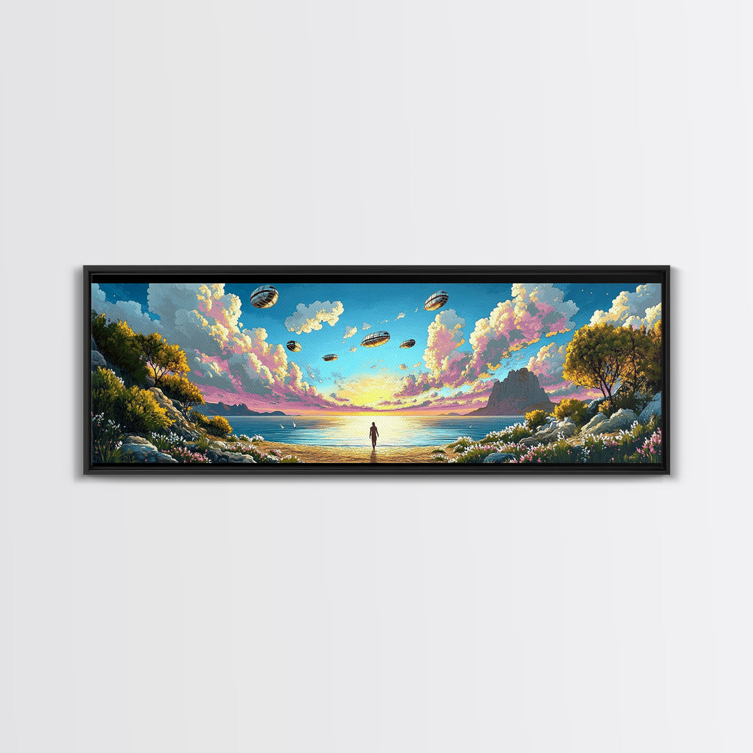 Alien Airships Above Flowered Coast, Lone Figure By Blue Sea, Whimsical Sci Fi Wall Art, Coastal Framed Canvas Print, Home Decor