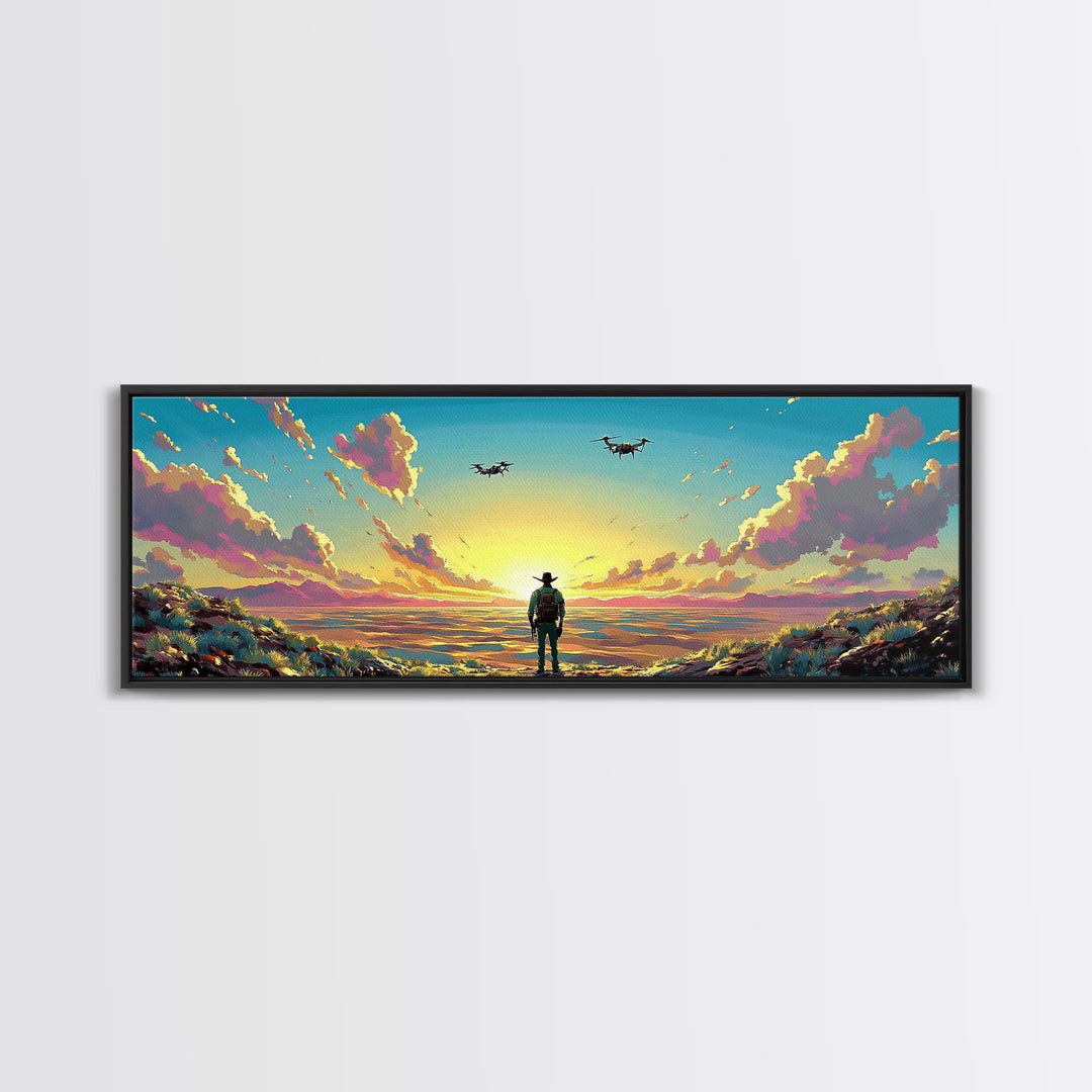 Cowboy Facing Drone Ships At Golden Sunrise, Pink Cloud Meadow Landscape Wall Art, Western Canvas Print, Futuristic Decor
