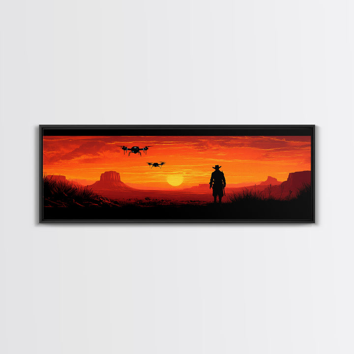Silhouetted Cowboy With Drones At Orange Desert Sunset, Western Wall Art, Sci Fi Canvas Print, Man Cave Decor, Southwest Art
